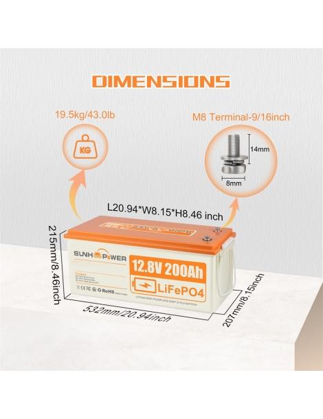 SUNHOOPOWER 12V 200Ah LiFePO4 Batteria energia 2560Wh BMS 100A integrato potenza di carico max. 1280W IP68 Duty-free