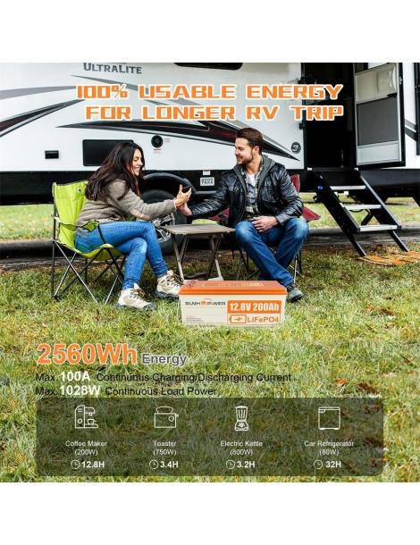 SUNHOOPOWER 12V 200Ah LiFePO4 Batteria energia 2560Wh BMS 100A integrato potenza di carico max. 1280W IP68 Duty-free
