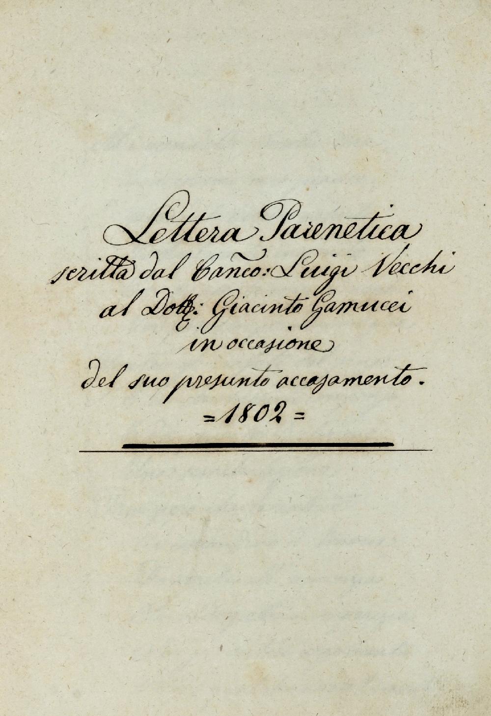 Abebooks Lettera Parenetica scritta dal Can.co: Luigi Vecchi al Dott. Giacinto Gamucci in occasione del suo presunto accasamento