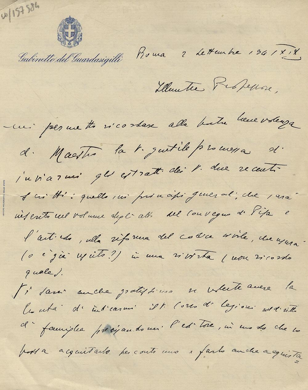 Abebooks Lettera manoscritta autografa firmata stesa su due facciate di un foglio intestato "Gabinetto del Guardasigilli" destinatario non individuato datata: "Roma 2 settembre 1941 - XIX": "Illustre Professore mi permetto ricor Acquista Ora