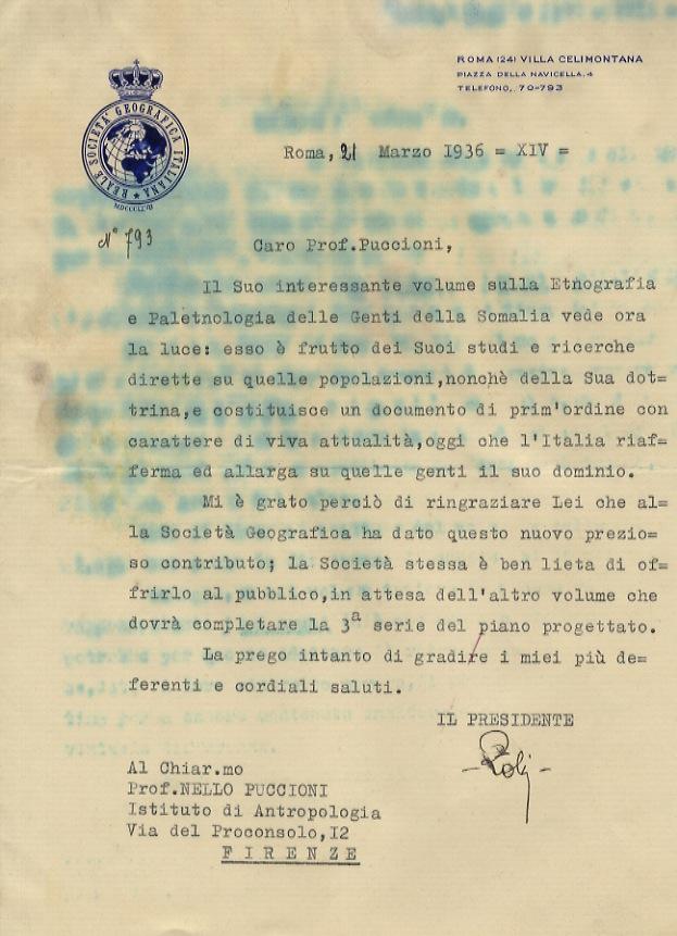 Abebooks Lettera dattiloscritta con firma autografa stesa su una facciata su carta intestata "Reale Società Geografica Italiana" indirizzata all'antropologo fiorentino Nello Puccioni datata: "Roma 21 marzo 1936". Caro prof. Puc Consegna Veloce