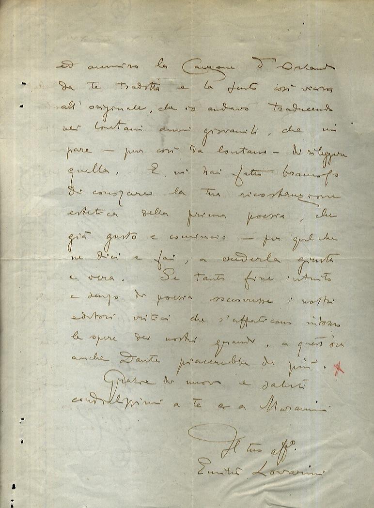 Abebooks Lettera manoscritta autografa firmata stesa su due facciate indirizzata alla scrittrice Elda Bossi datata: "Lovadina (Treviso) 21.XI.37.XVI". "Cara Bossi la tua traduzione della Canzone d'Orlando mi è dono molto gradit