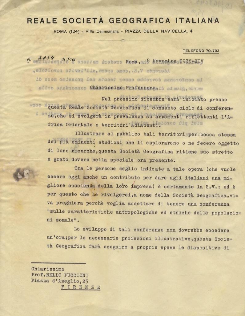 Abebooks Lettera dattiloscritta con firma autografa stesa su una facciata e mezzo su carta intestata "Reale Società Geografica Italiana" indirizzata all'antropologo fiorentino Nello Puccioni datata: "Roma 8 novembre 1935". "Chi