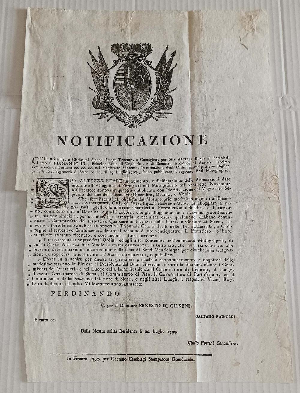 Abebooks NOTIFICAZIONE Disposizioni Alloggio Forestieri Firenze Portoferrario Pisa 1797 Pezzi Unici