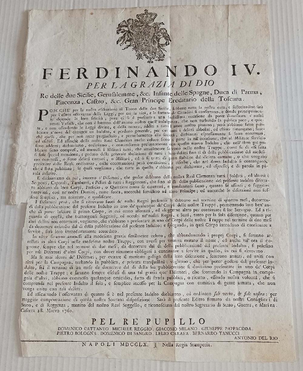 Abebooks Editto 1760 Ferdinandi IV INDULTO delitti aboliti estinti Regia Stamperia Napoli Soddisfazione Garantita
